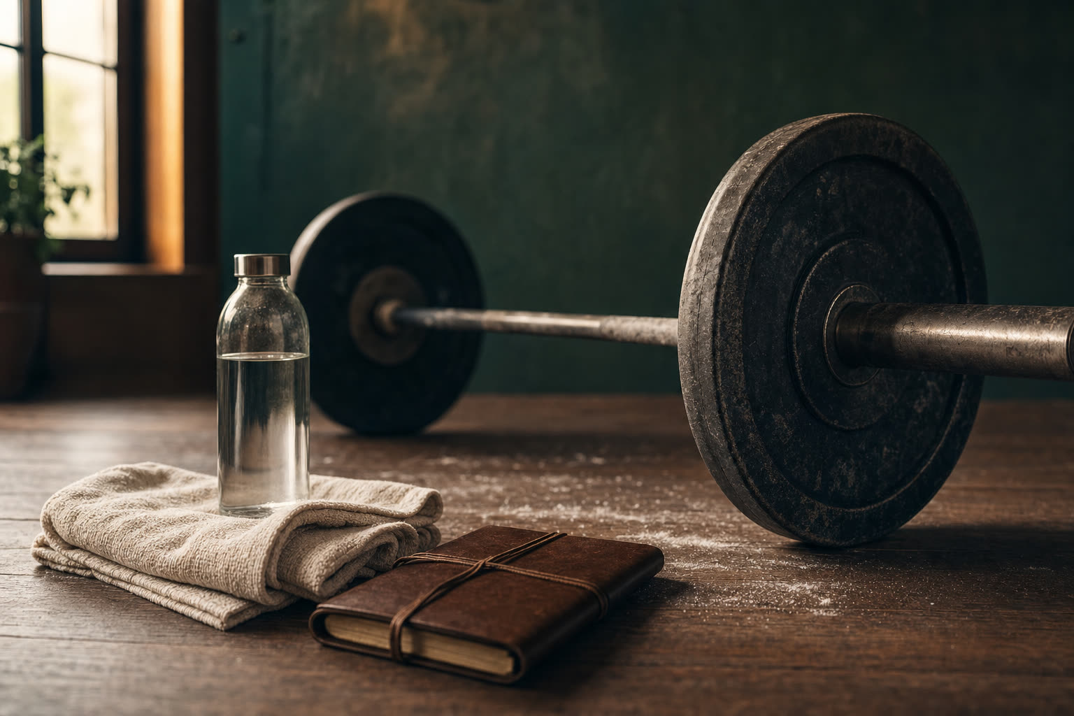 A barbell, training journal and water bottle on a warm wooden floor, soft window light.